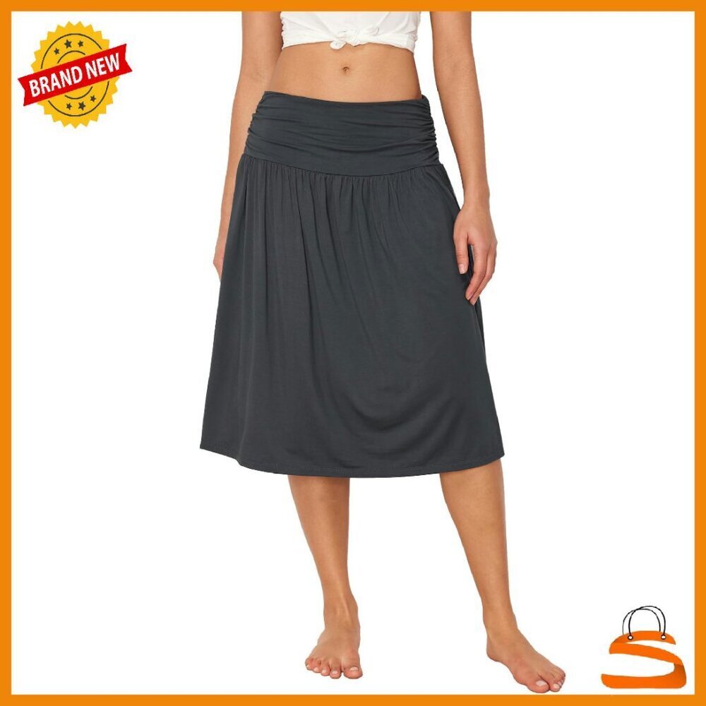 Knee Length Flowy A-Line Skirt with Pockets High Waist Ruched